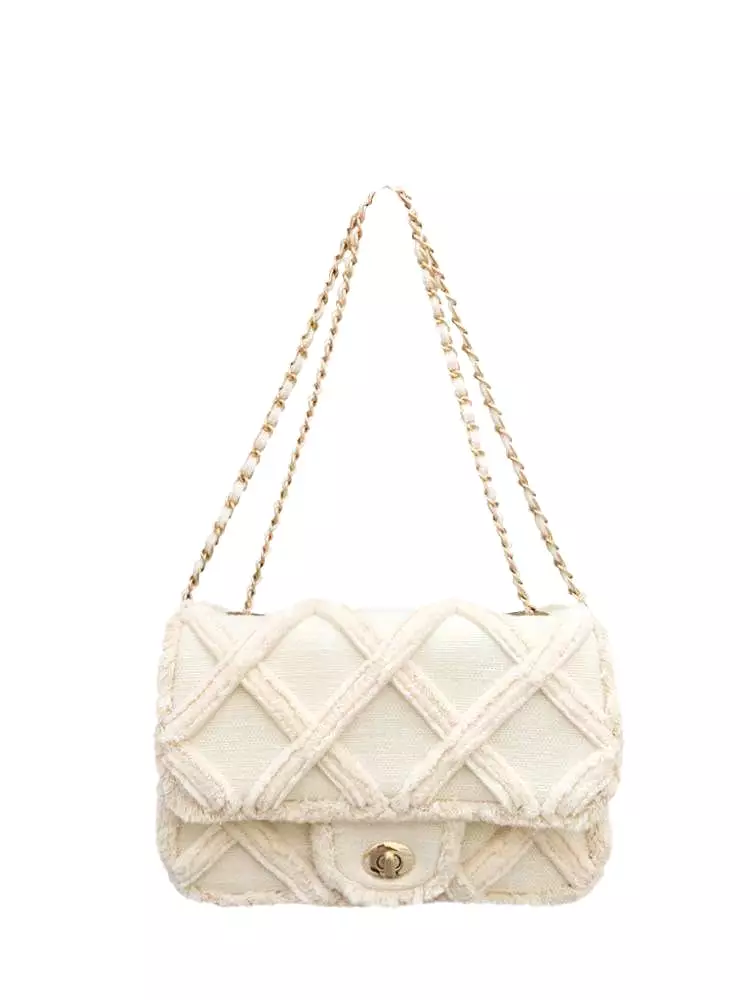 Beige Gold Trimmed Canvas Flap Bag