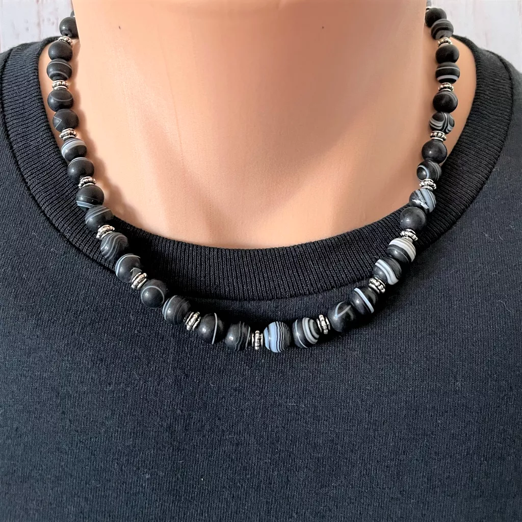 Black and White Striped Mens Matte Agate Beaded Necklace