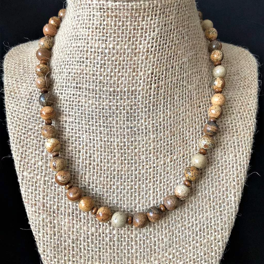 Brown Picture Jasper Mens Beaded Necklace