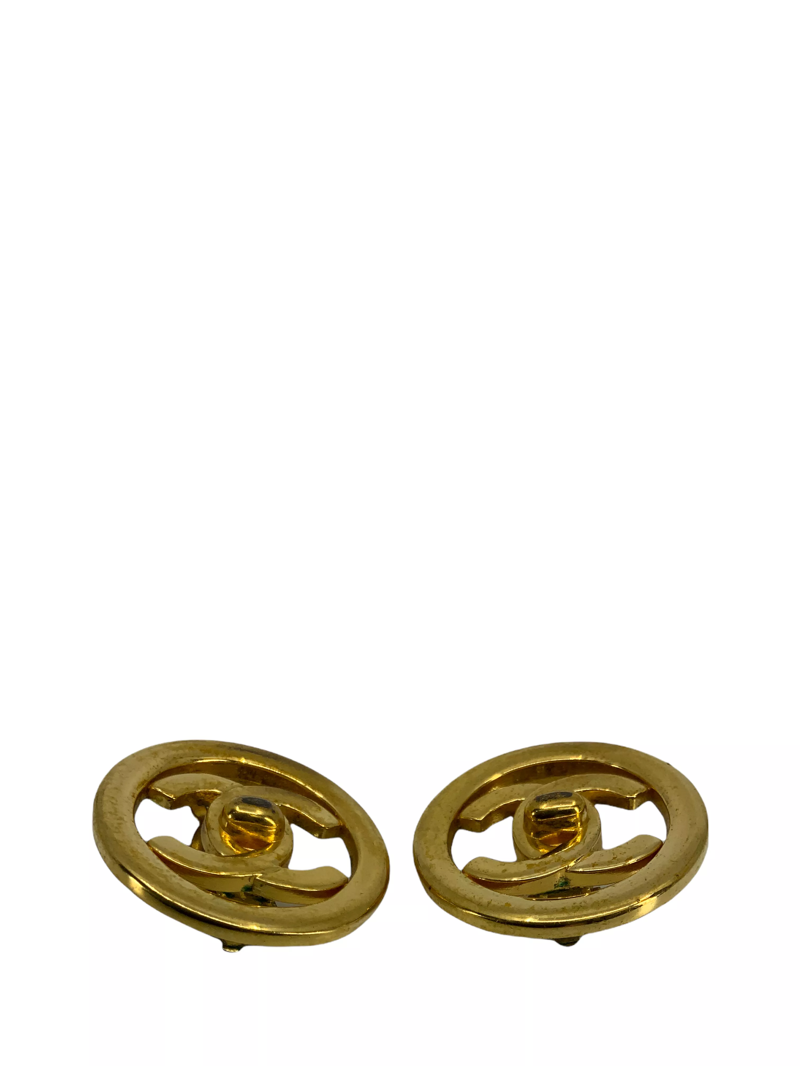 CHANEL Vintage CC Turnlock Logo Round Clip On Earrings