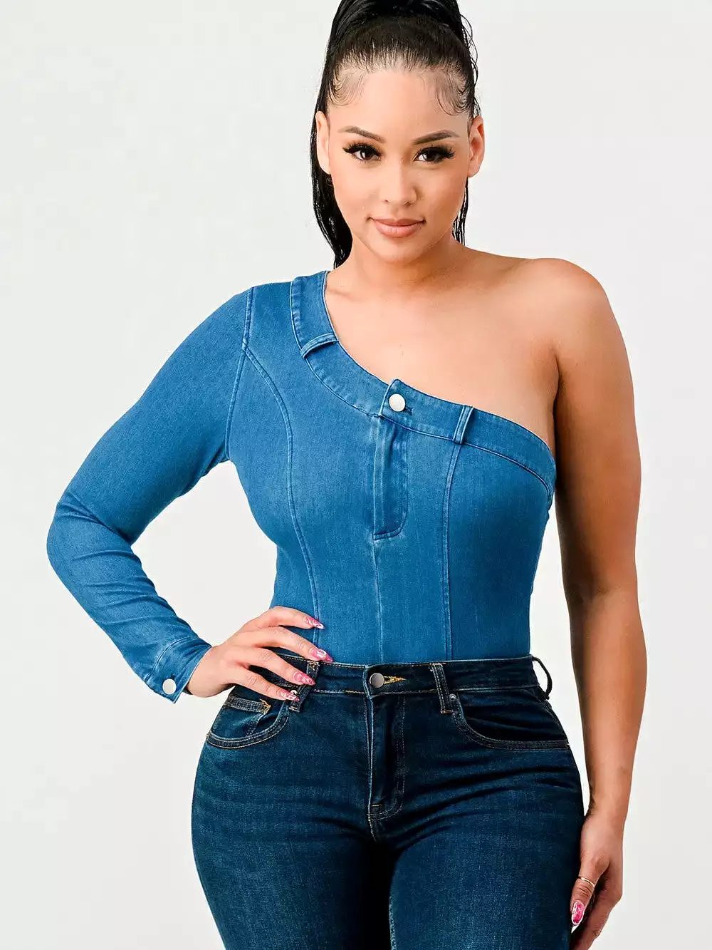 DENIM ONE SHOULDER BODY SUIT