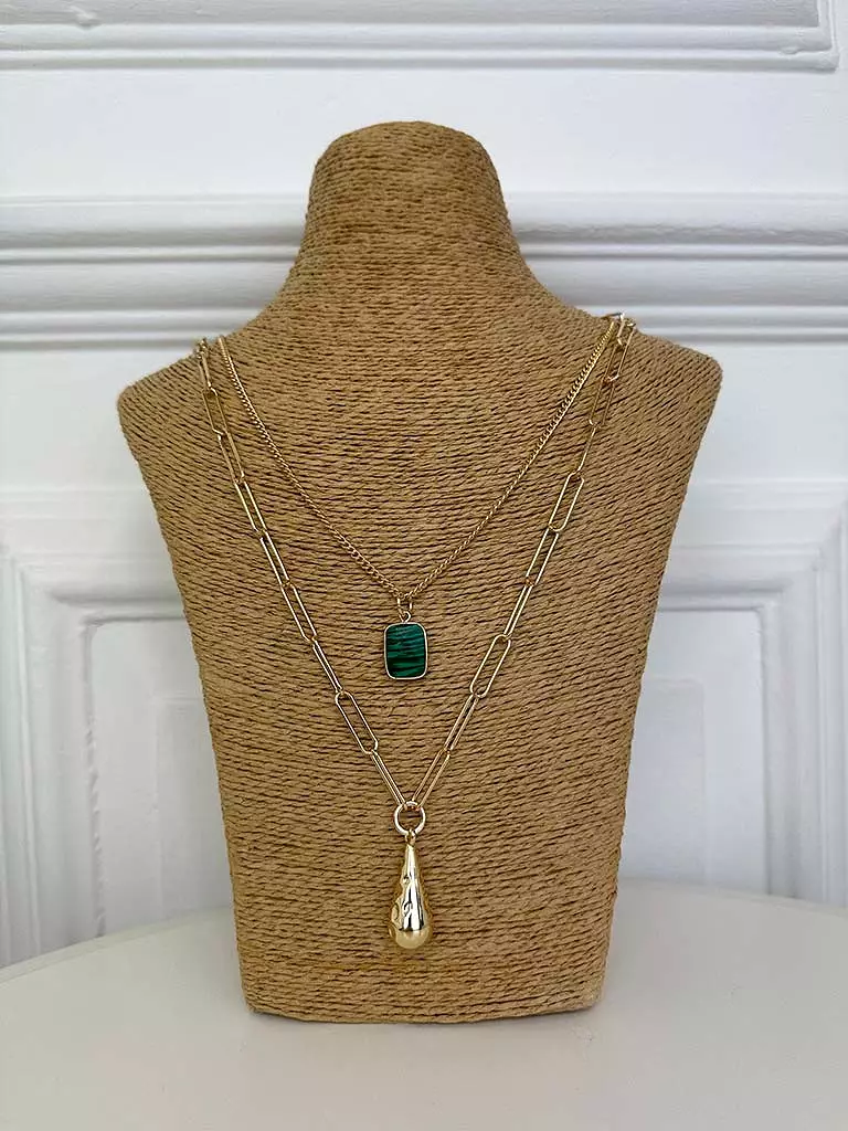 Envy Double Chain Green Pendant Necklace - Gold