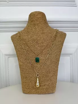 Envy Double Chain Green Pendant Necklace - Gold