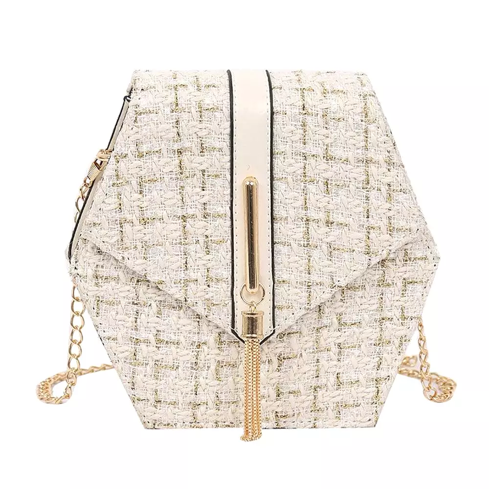 Geometrical Tweed Flap Bag With Gold Tassel