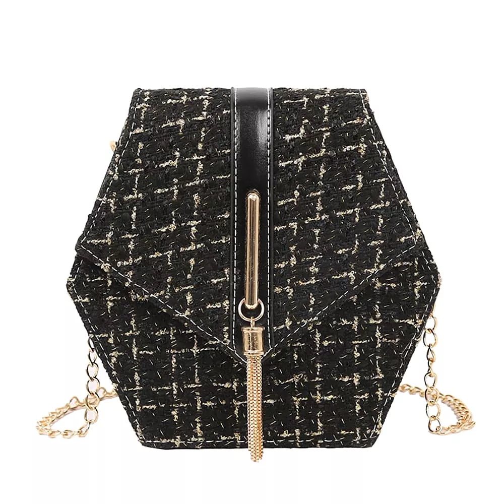 Geometrical Tweed Flap Bag With Gold Tassel