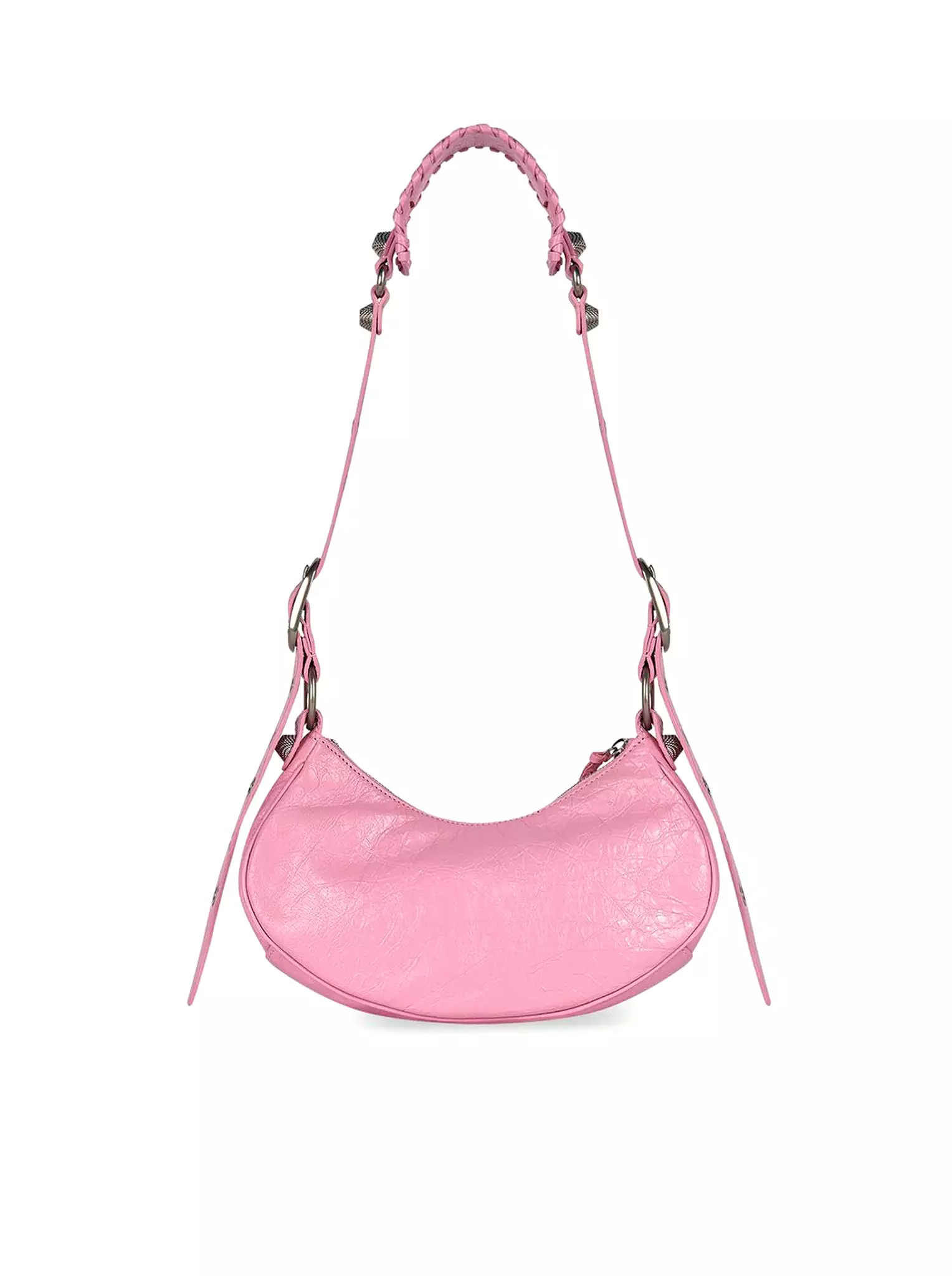 Le Cagole XS Shoulder Bag in light pink Arena lambskin, aged silver hardware