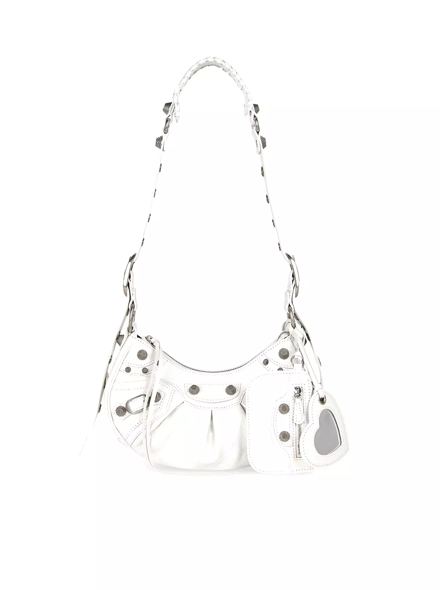 Le Cagole XS Shoulder Bag in white Arena lambskin, aged silver hardware