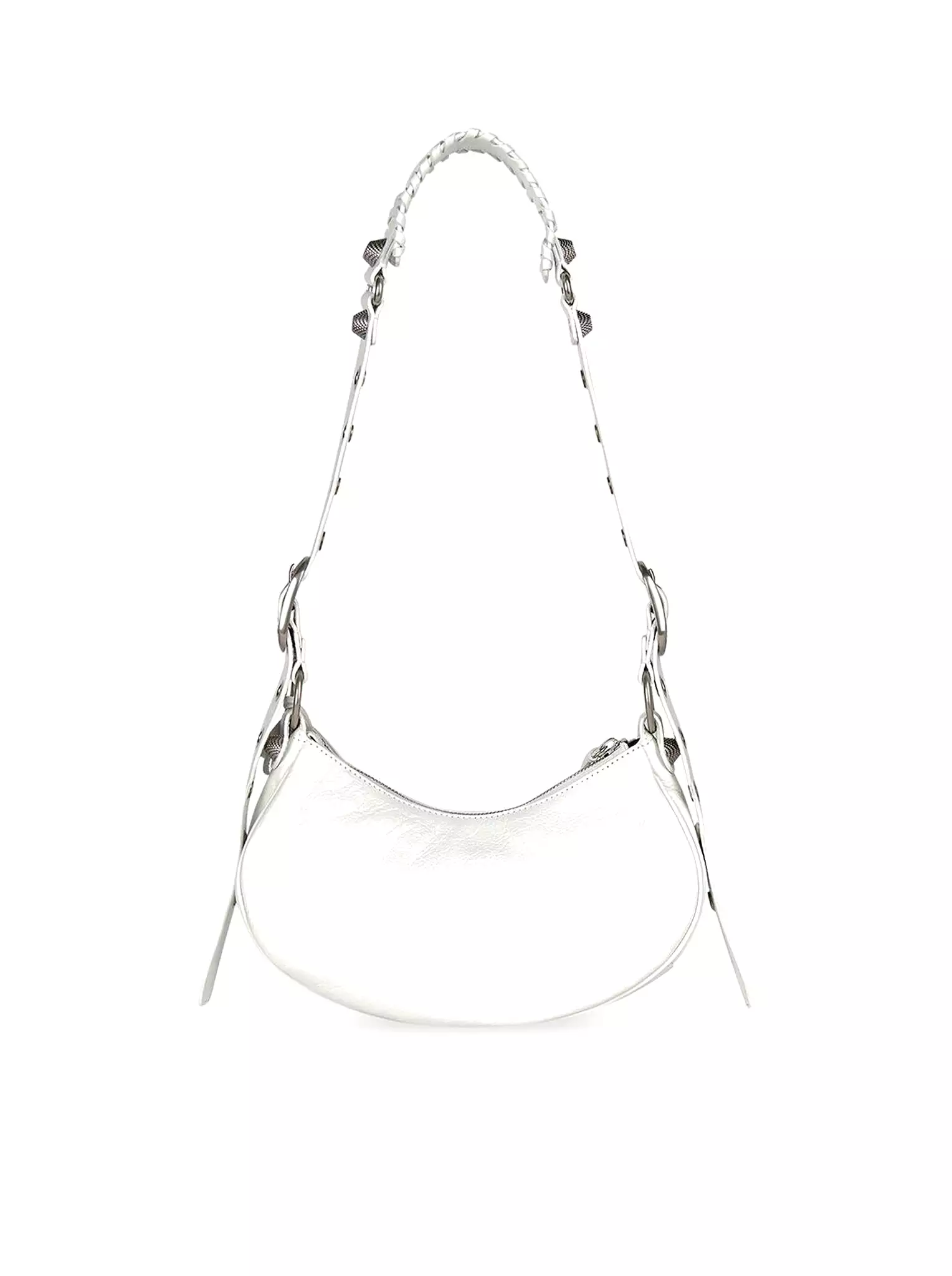 Le Cagole XS Shoulder Bag in white Arena lambskin, aged silver hardware