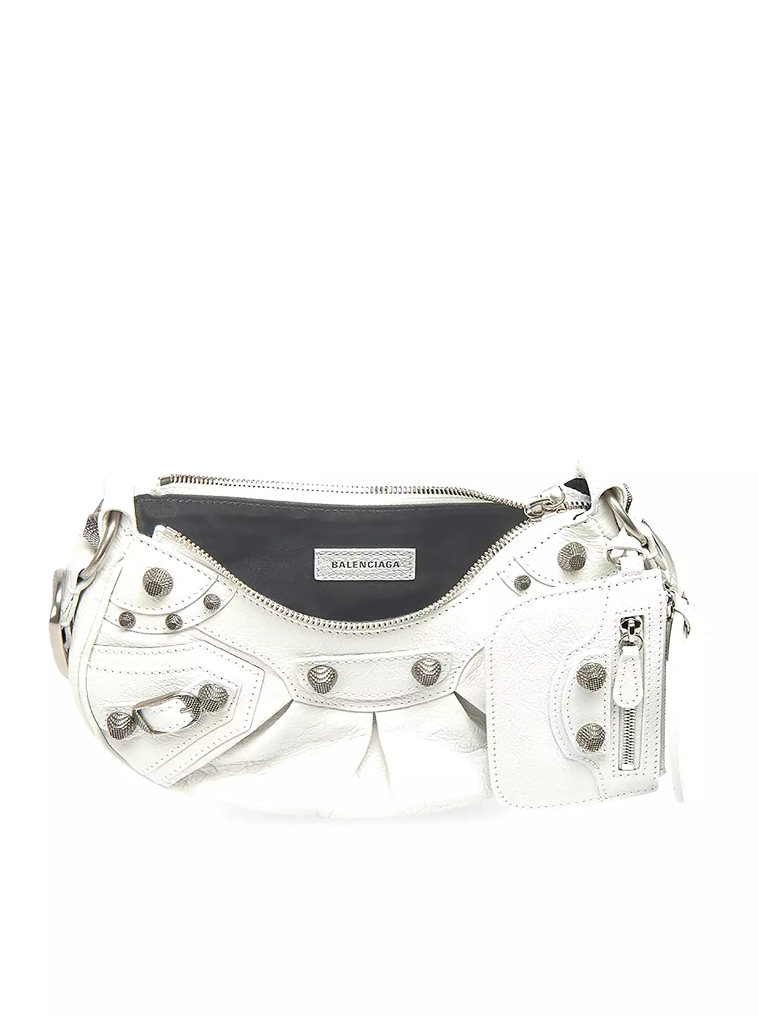 Le Cagole XS Shoulder Bag in white Arena lambskin, aged silver hardware