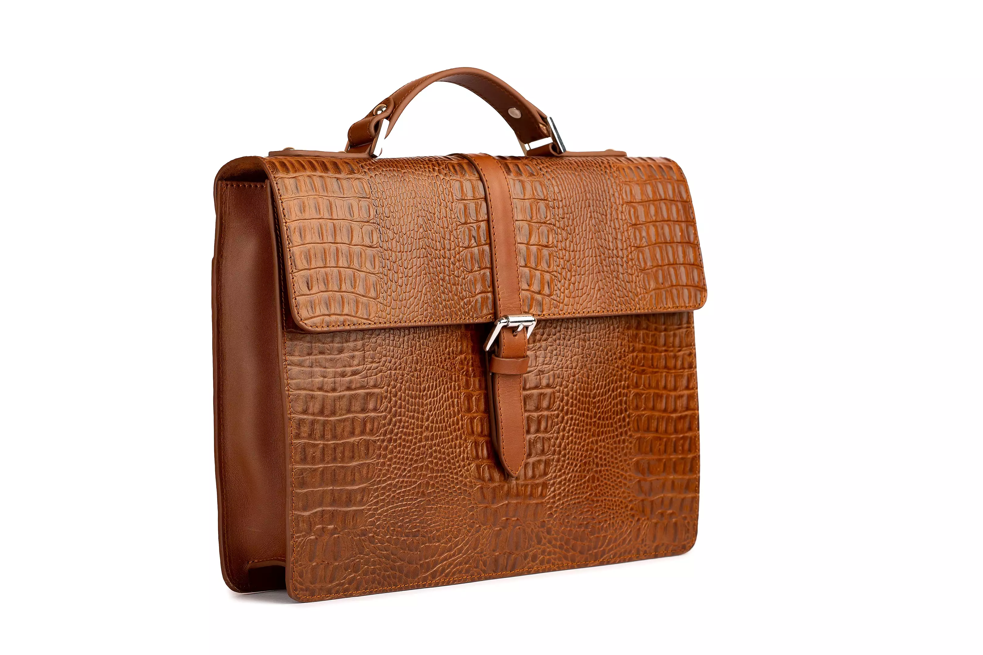 Leather Laptop Briefcase - Crocodile Pattern Brown