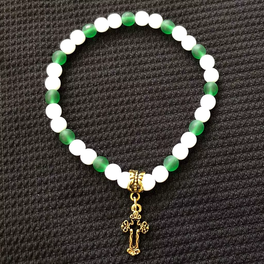 Matte Green and White Beaded Gold Cross Bracelet