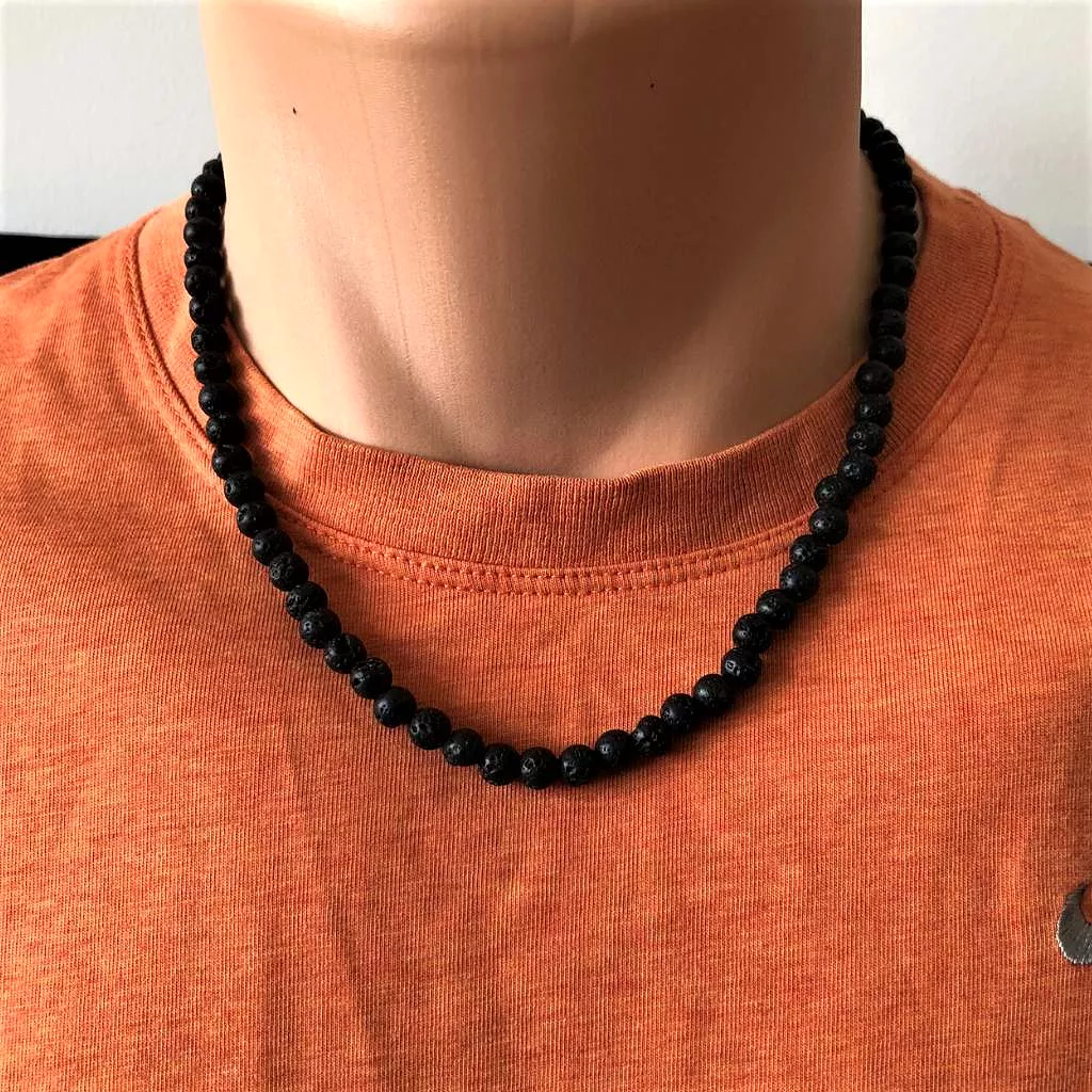 Mens Black Lava 6mm Beaded Necklace