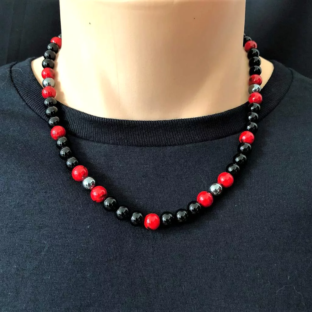 Mens Black Onyx and Red Mosaic Beaded Necklace