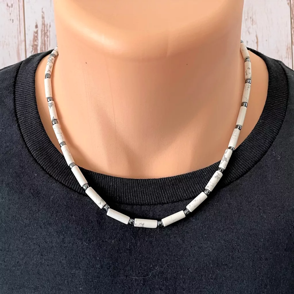 Mens Howlite Tube Beaded Necklace