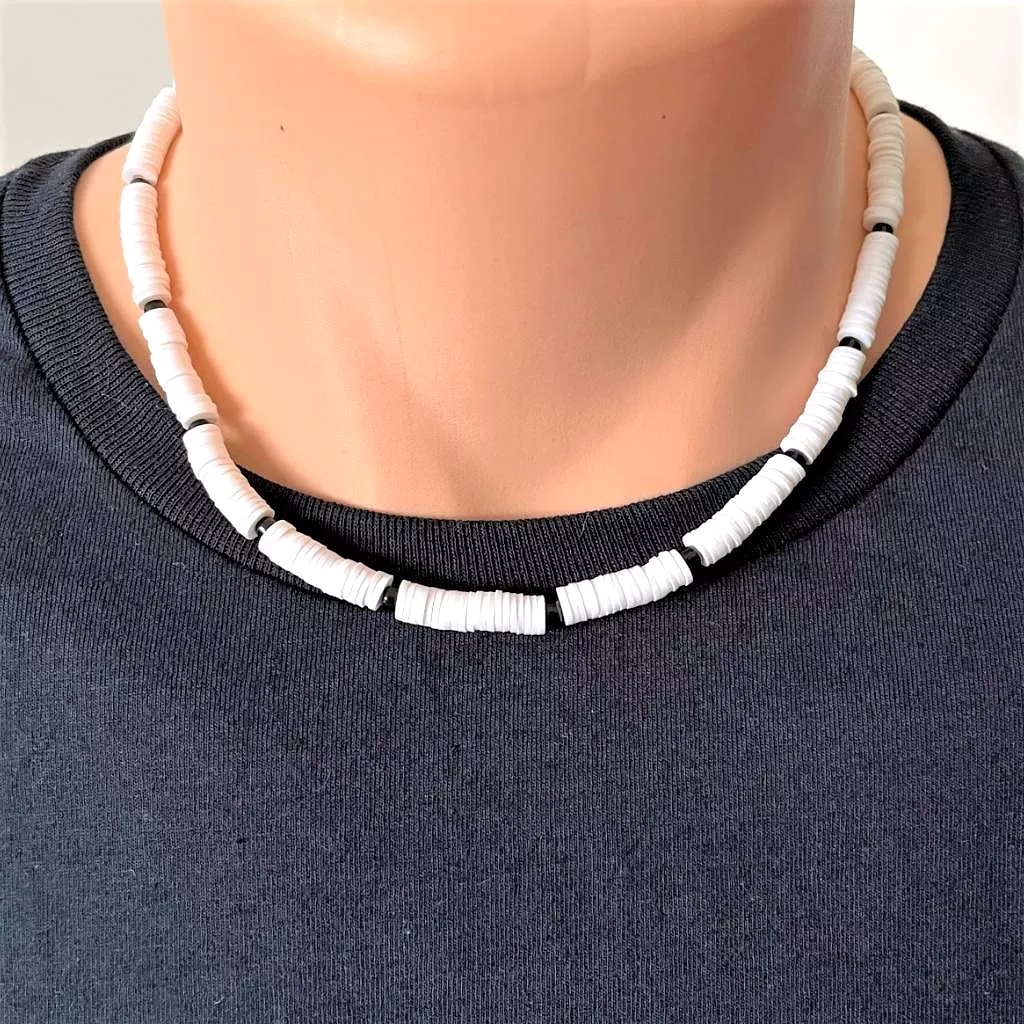 Mens White Polymer and Black Beaded Necklace