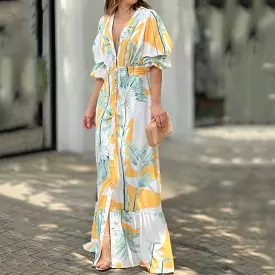 New Women's Clothing Printed Waist Puff Sleeve Long Dress Elegant V-neck Dress B-53482