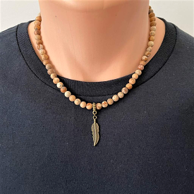 Picture Jasper Matte Mens Necklace with Brass Feather