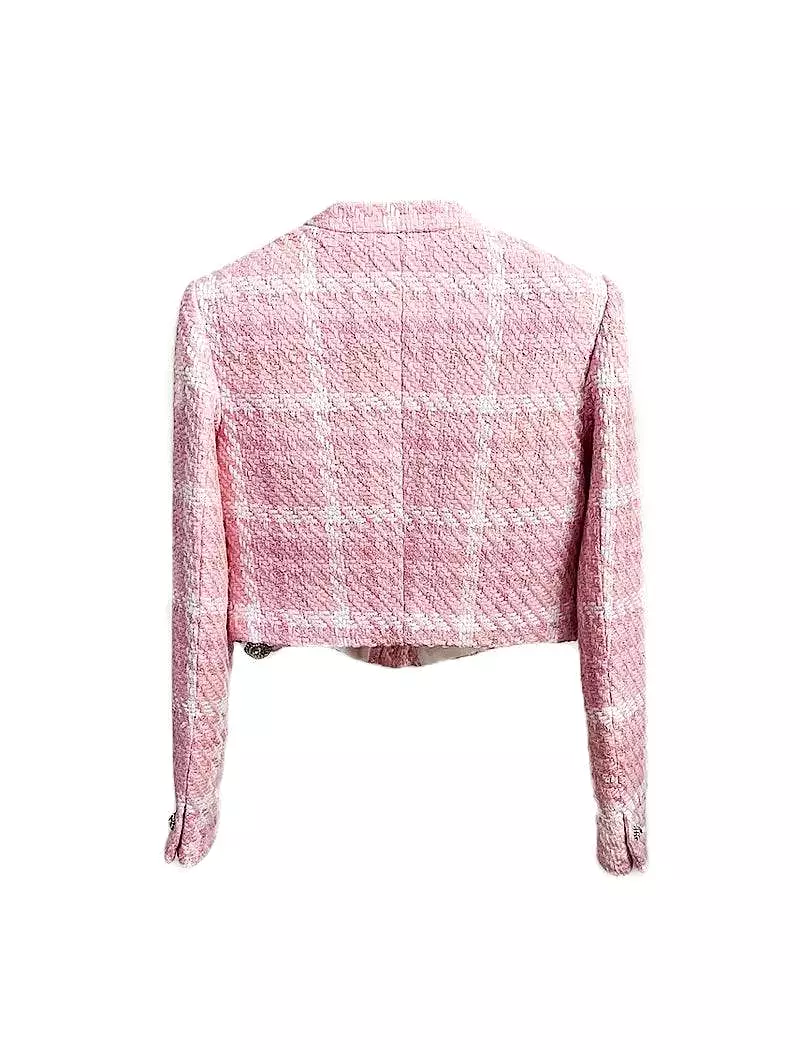 Pink Short Tweed Plaid Diamond Buttoned Jacket