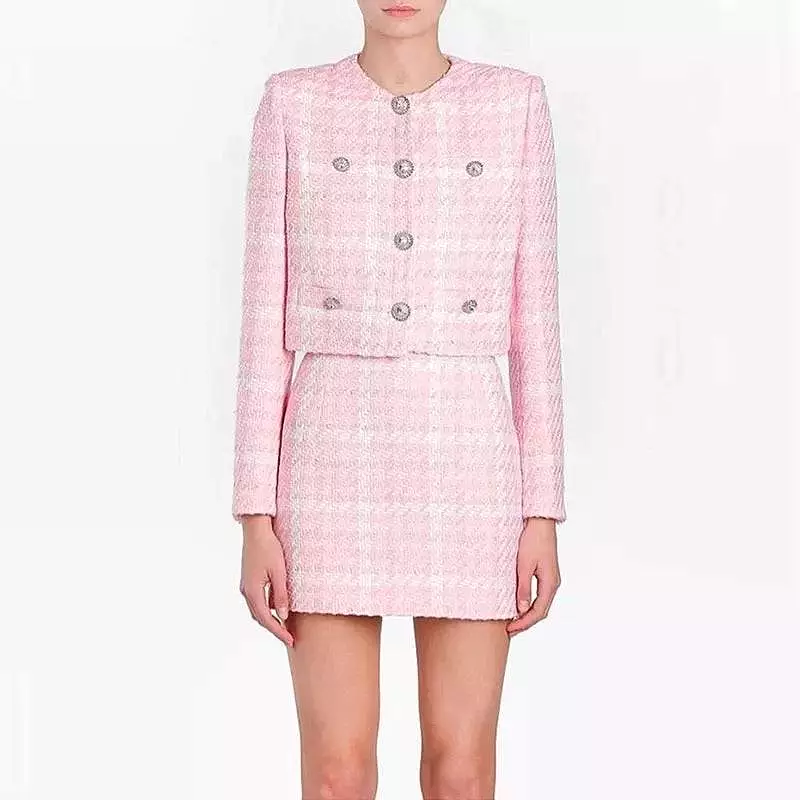 Pink Short Tweed Plaid Diamond Buttoned Jacket