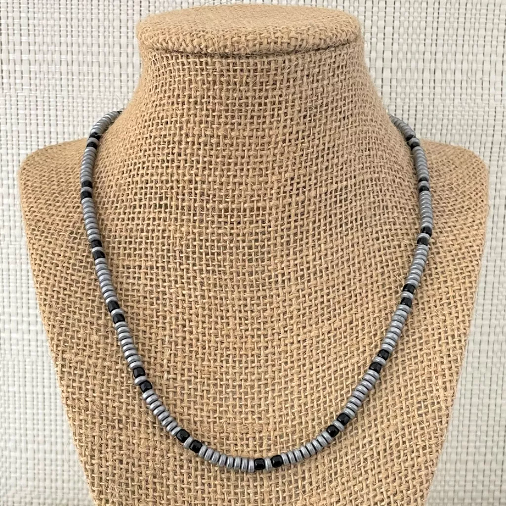 Silver Matte Hematite and Black Toho Beaded Necklace