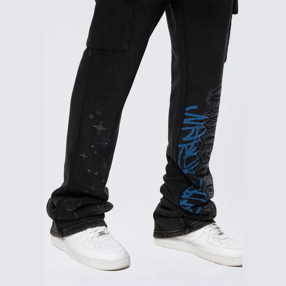 Stacked Rhinestone Dystopia Fleece Pants - Black