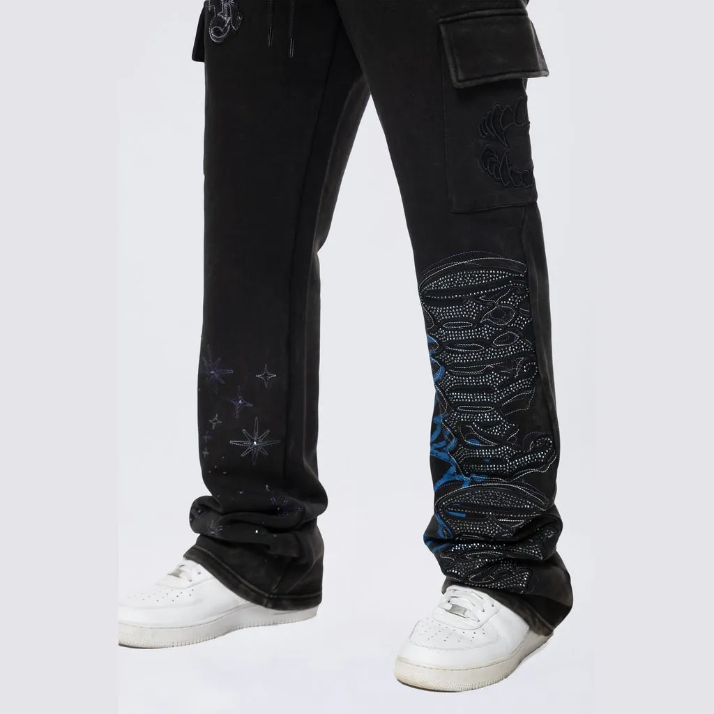 Stacked Rhinestone Dystopia Fleece Pants - Black