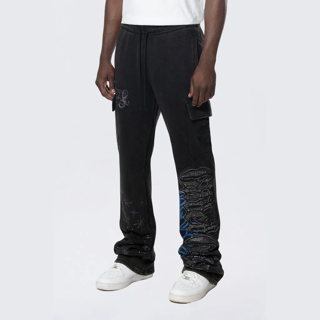 Stacked Rhinestone Dystopia Fleece Pants - Black