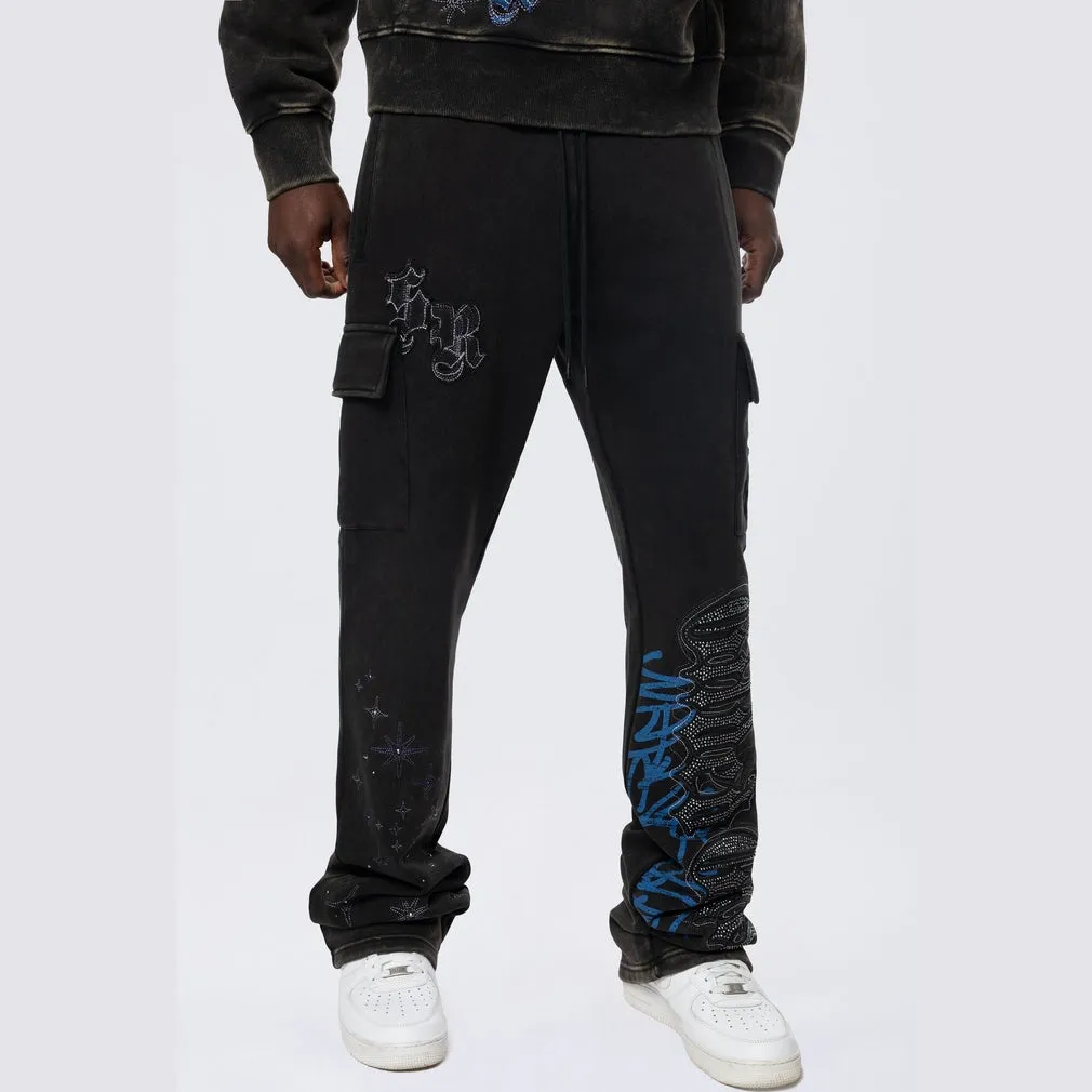 Stacked Rhinestone Dystopia Fleece Pants - Black