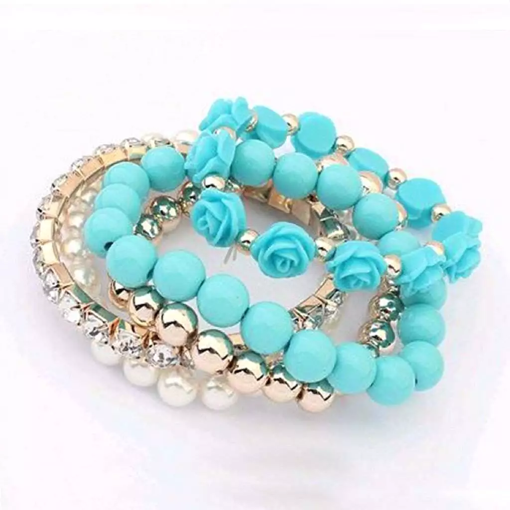 Turquoise Multi Layered Bead and Flower Bracelet Set