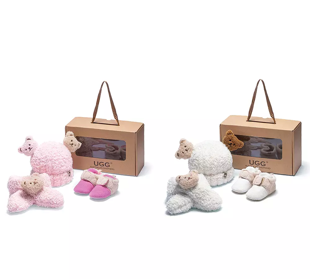 UGG AUSTRALIAN SHEPHERD Baby Booties Gift Set with Shearling Bear Beanie and Scarf