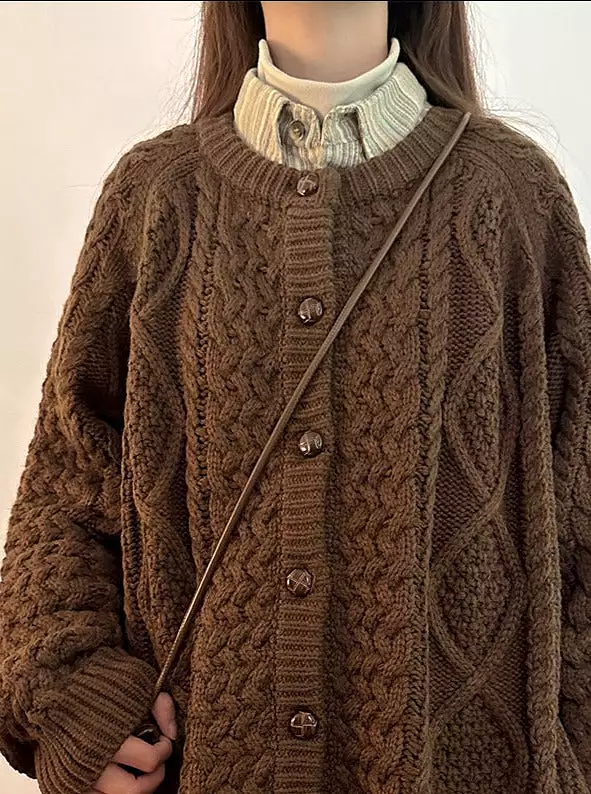 Vintage diamond twist round neck sweater autumn and winter loose cardigan BF lazy style jacket