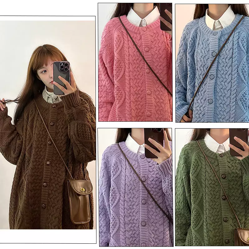 Vintage diamond twist round neck sweater autumn and winter loose cardigan BF lazy style jacket