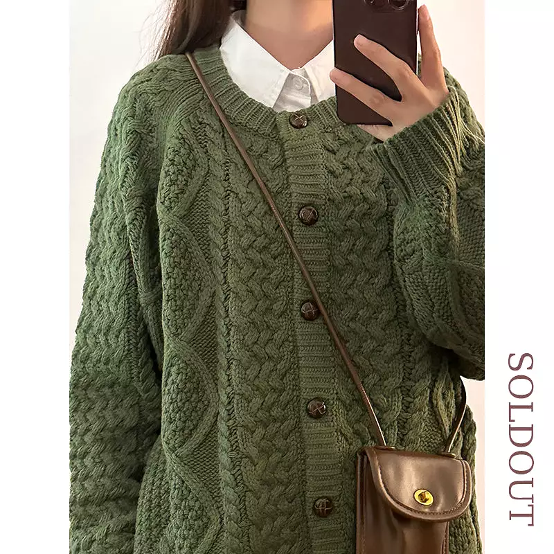 Vintage diamond twist round neck sweater autumn and winter loose cardigan BF lazy style jacket