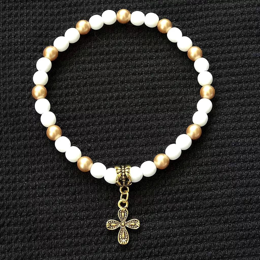 White and Gold Beaded Cross Mens and Womens Bracelet