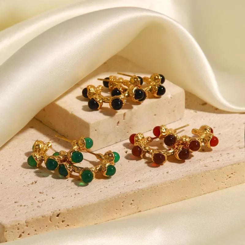 Wolmen's Vintage Red/Green/Black Natural Stone Earrings