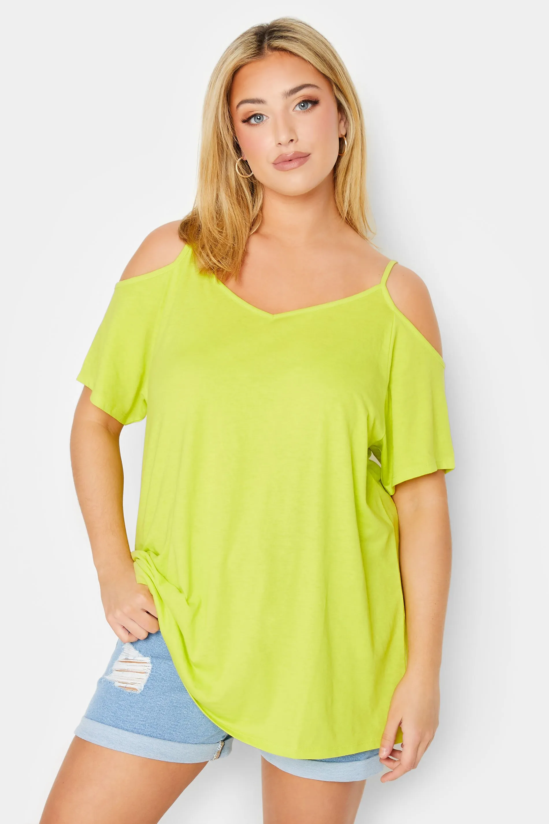 YOURS Curve Lime Green Cold Shoulder Top